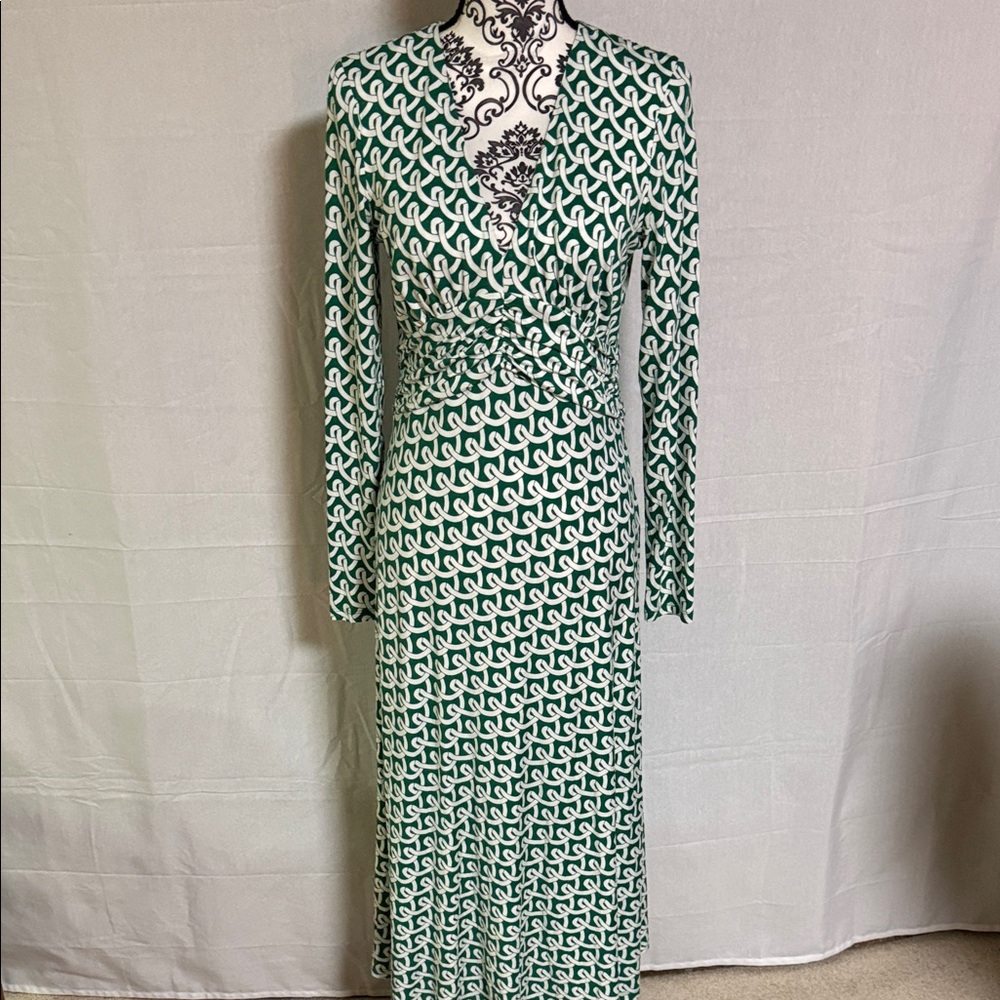 Boden Green and White Long Sleeve Wrap-Style Midi Maxi Dress 8R